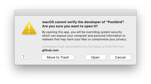 Postbird open confirmation