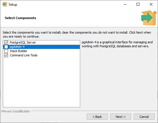 Deselect pgAdmin 4 and Stack Builder components